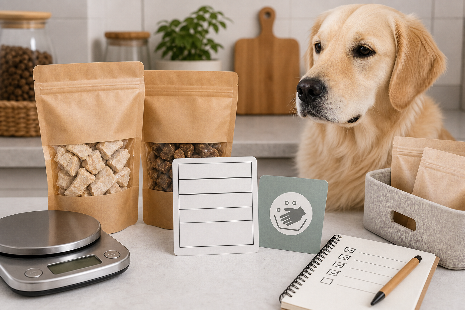 Unbranded freeze-dried pet treat checkout scene with a kitchen scale and blank checklist