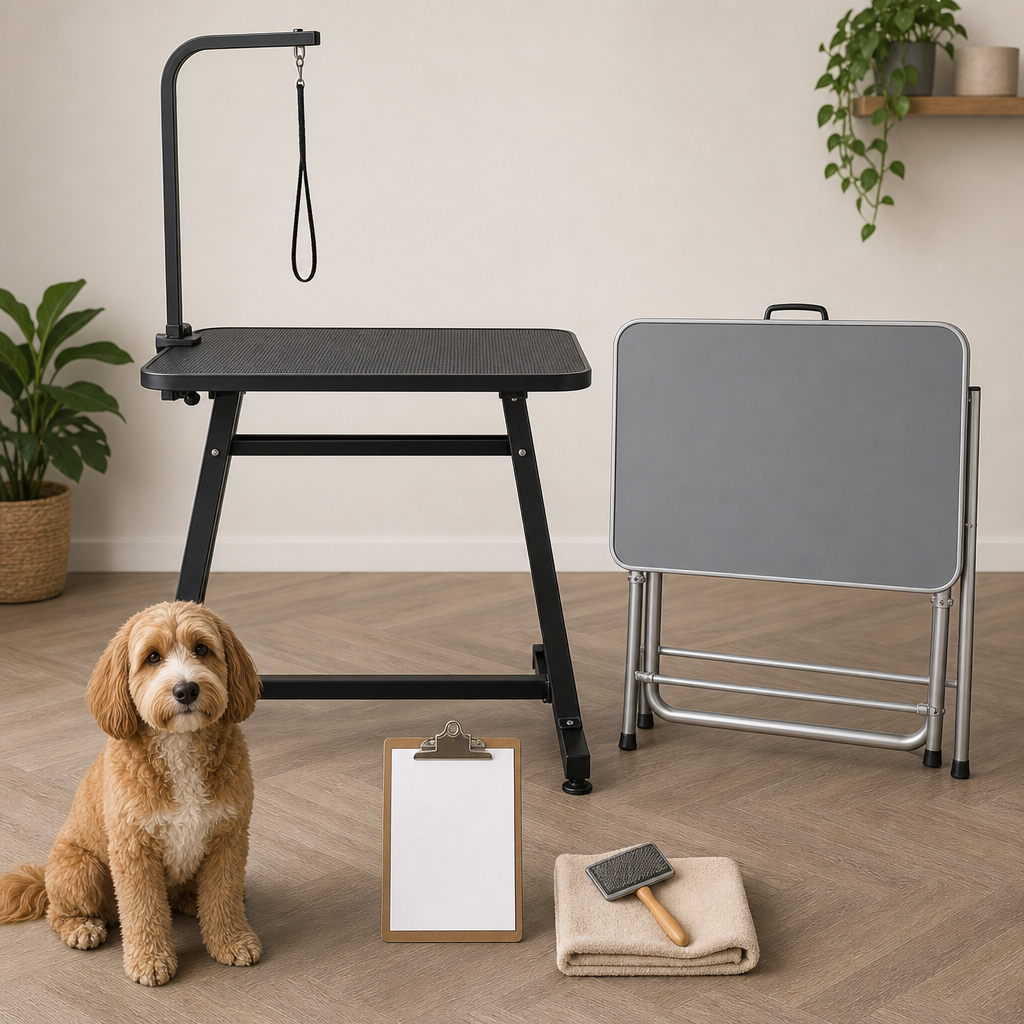 Generic dog grooming table checkout comparison with a calm dog nearby