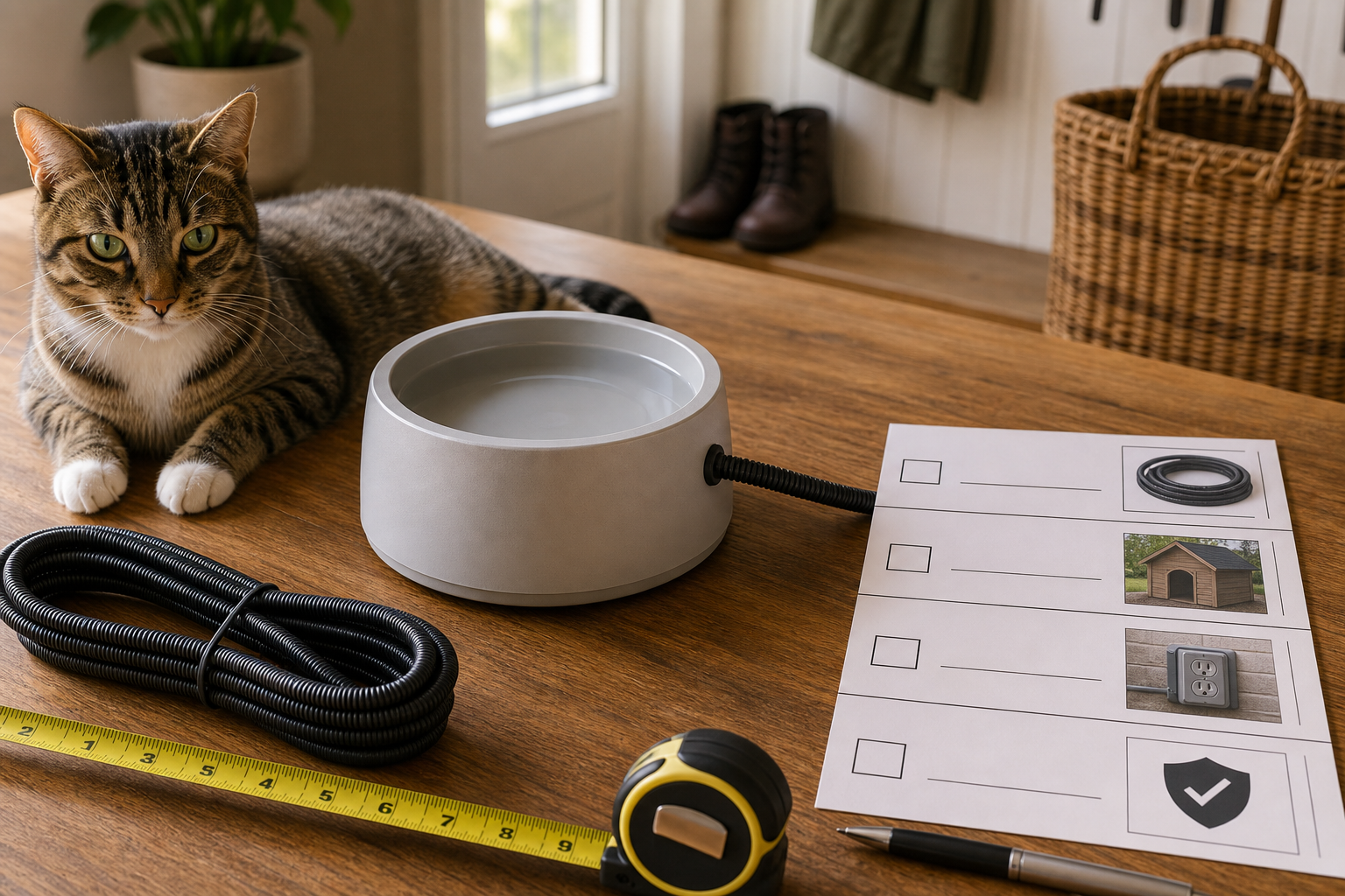 Unbranded heated pet water bowl with cord, measuring tape and checkout checklist.