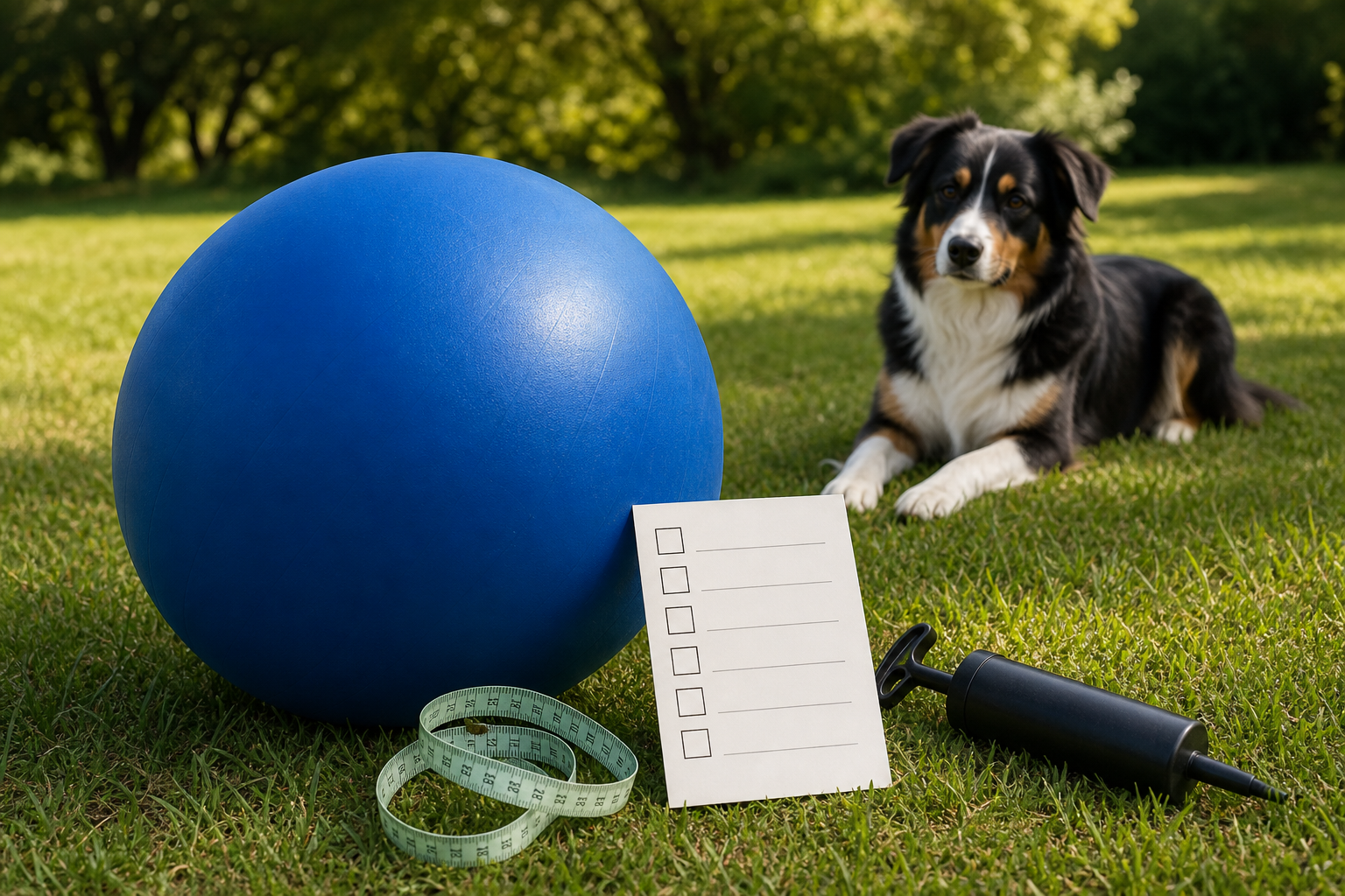 Unbranded oversized dog herding ball with measuring tape, pump and blank checkout checklist