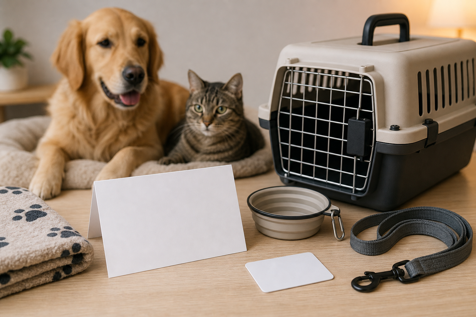 Generic pet travel supplies with a blank hotel fee checklist