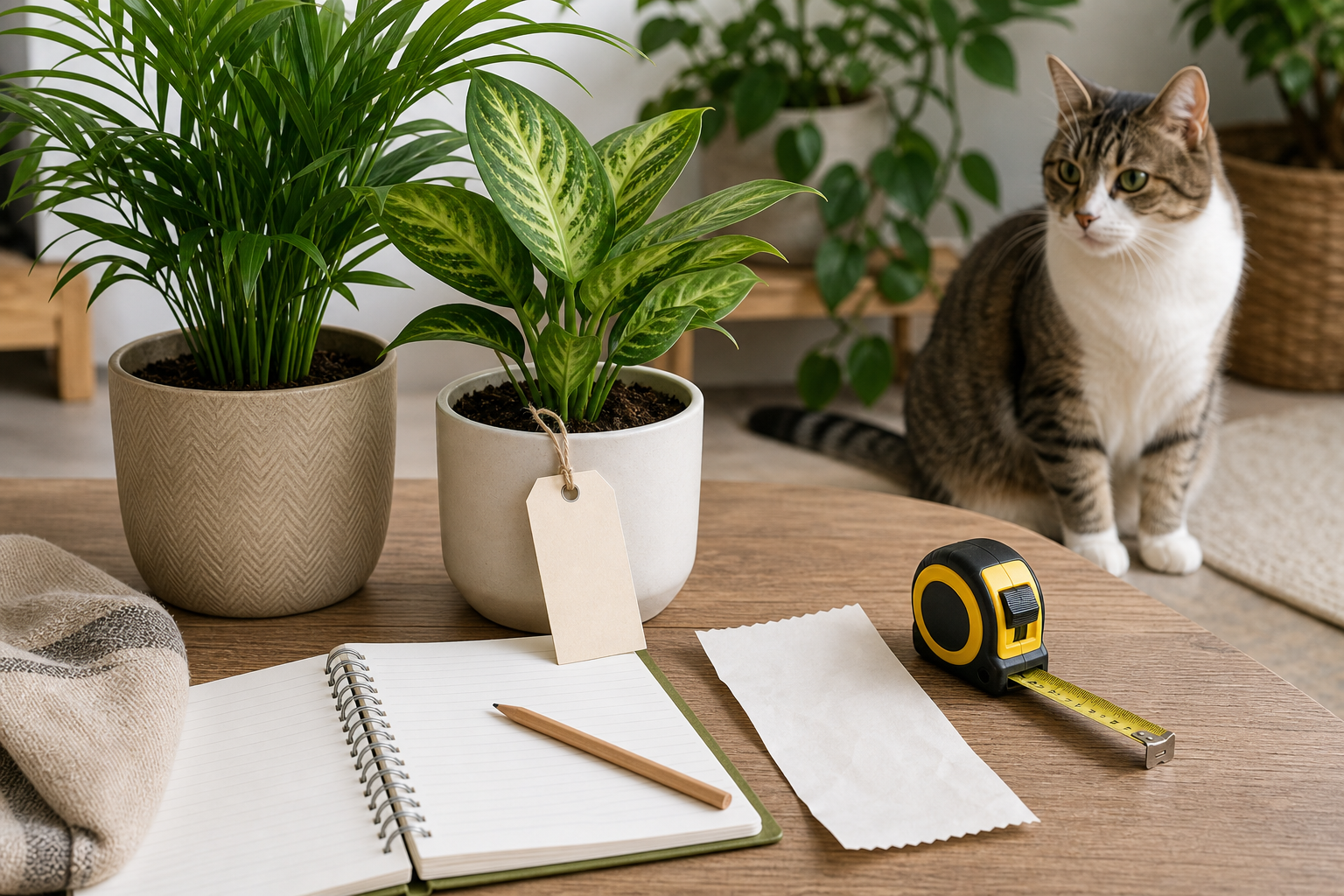Cat beside unbranded houseplants with blank plant tag and checkout planning items