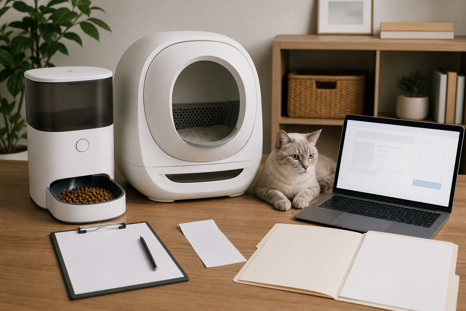 Unbranded automatic pet feeder and litter box with blank checkout documentation checklist