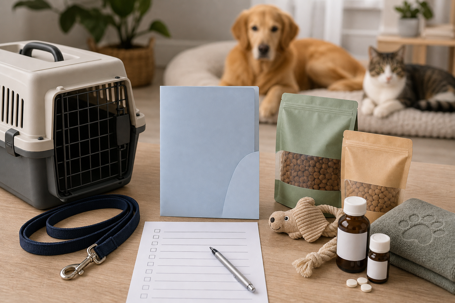 Pet boarding supplies with carrier, leash, food bags, blank medication bottles and checklist