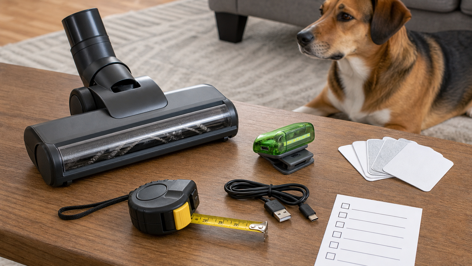 Unbranded vacuum head, green dust-revealing light, USB-C cable, adhesive pads, measuring tape and blank checklist