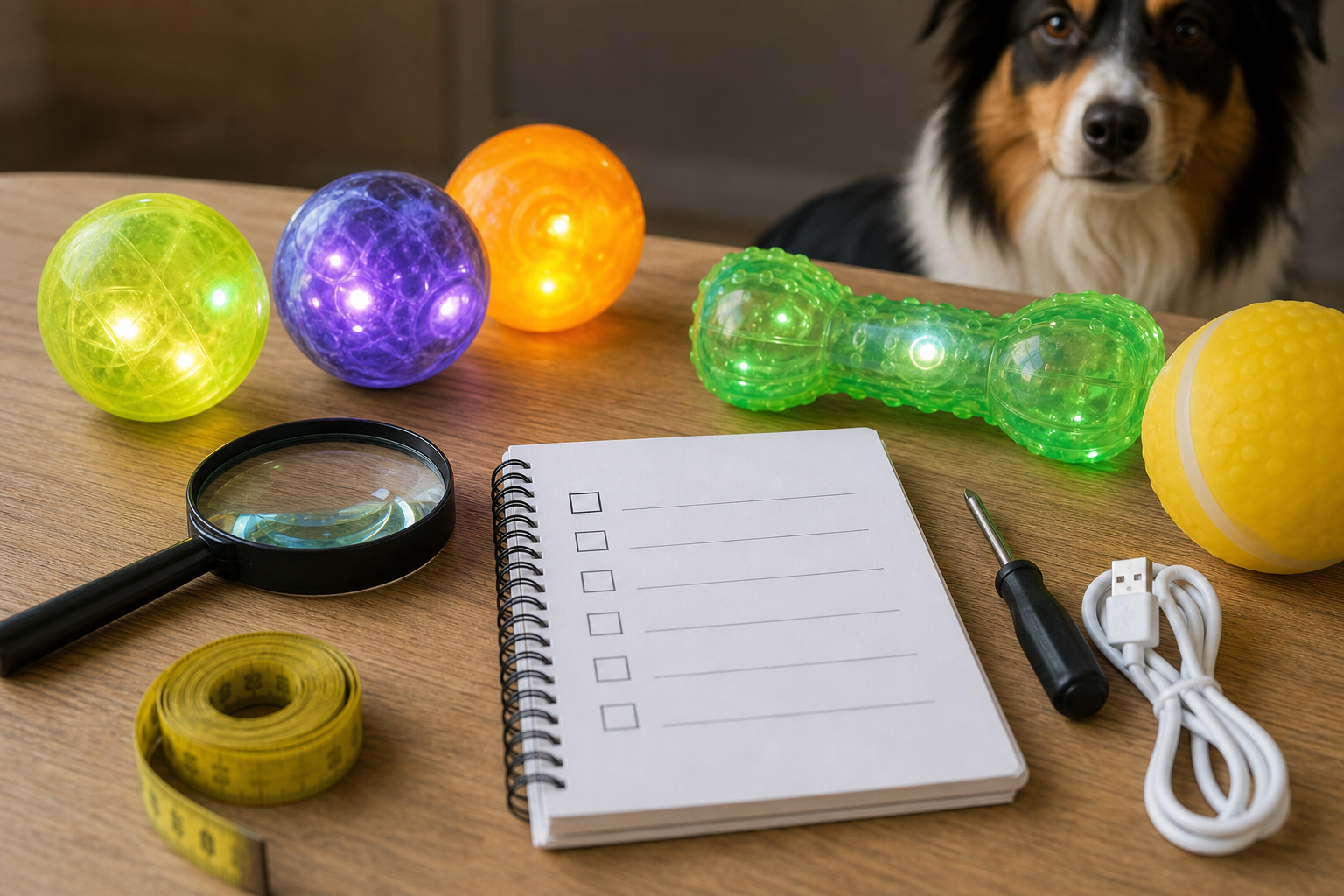 Generated editorial image of unbranded light-up dog toys with a checklist and charging cable