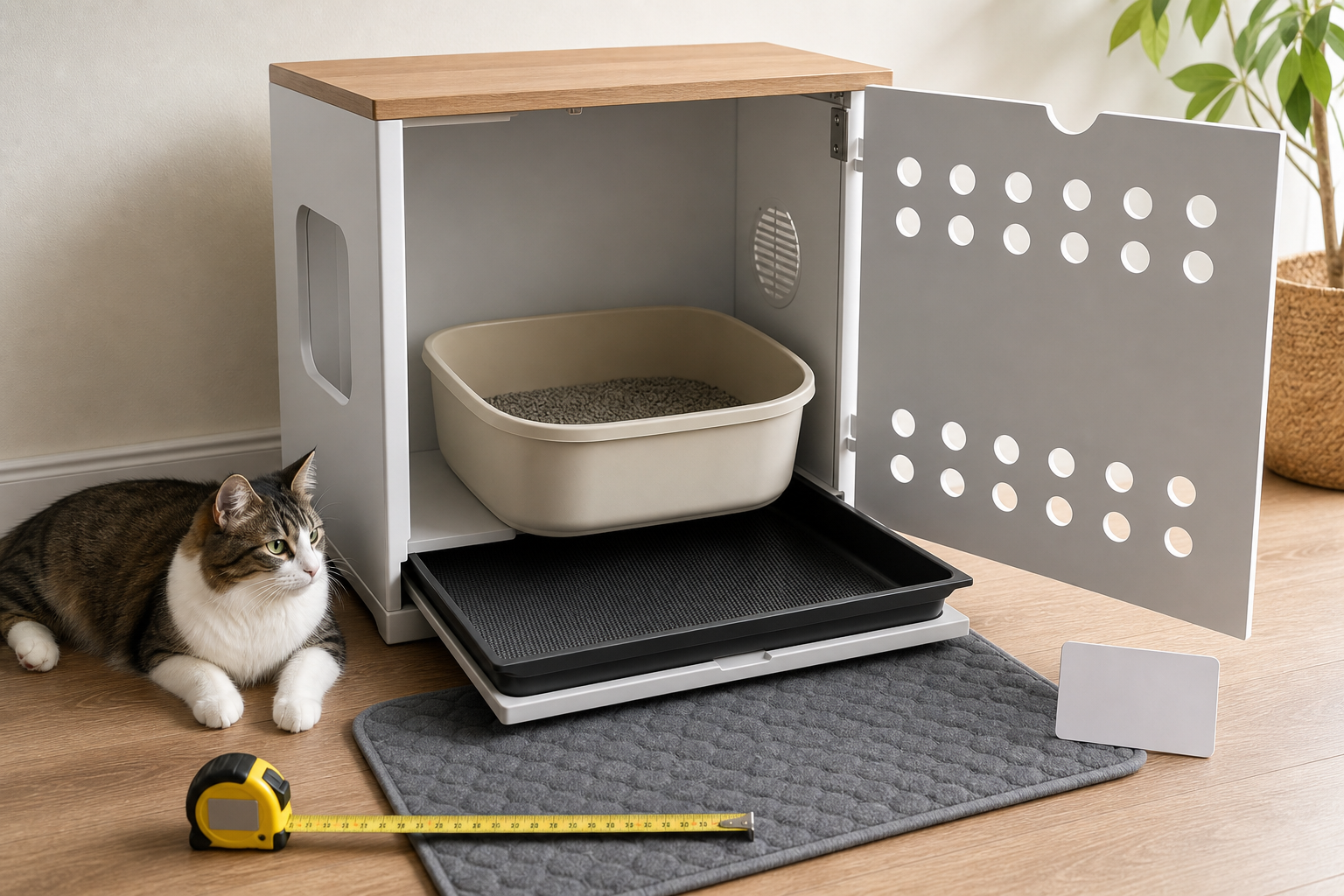Generic cat litter box enclosure with open door, ventilation holes, mat and measuring tape