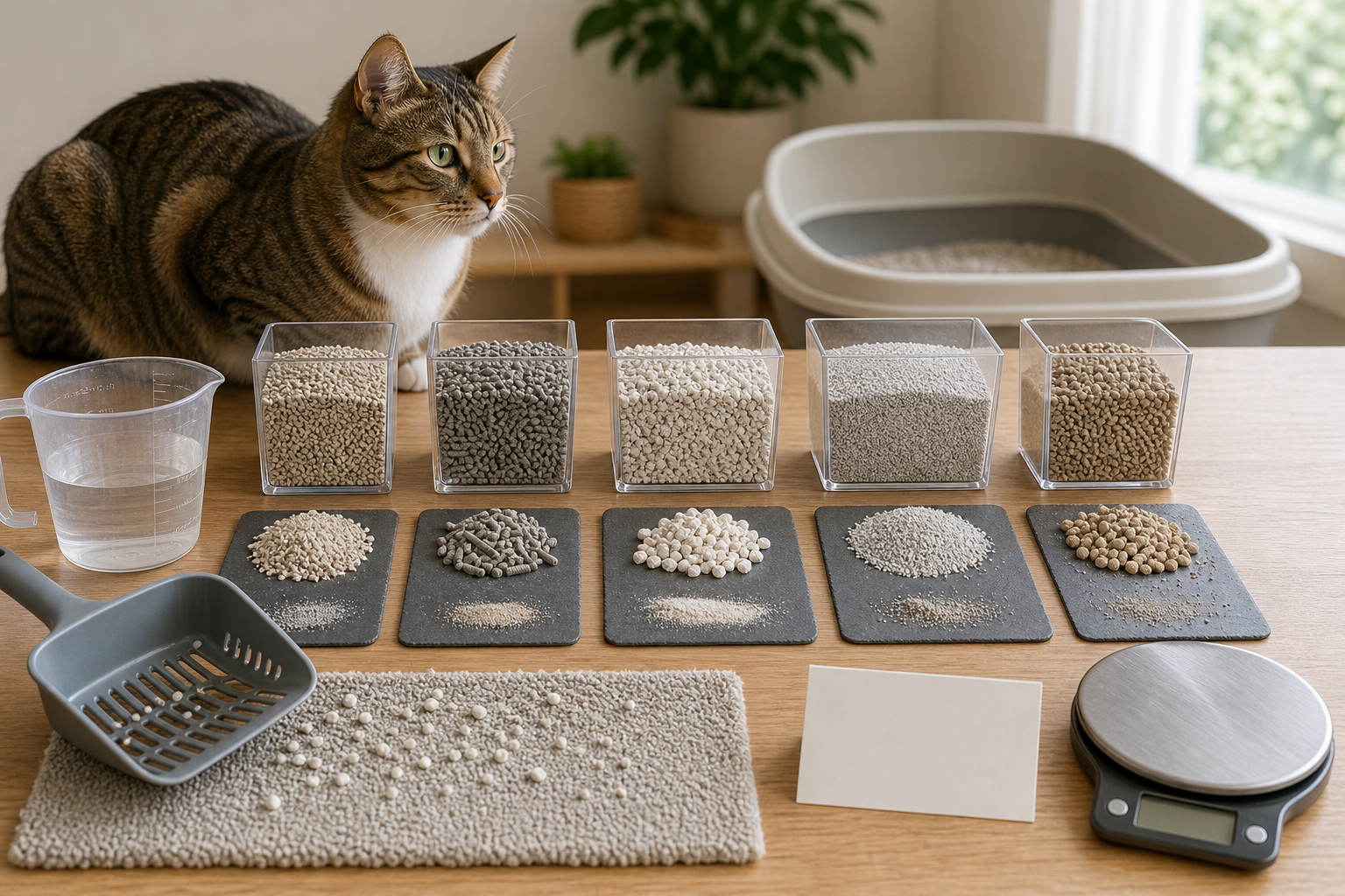 Unbranded cat litter samples compared for dust, texture and tracking before checkout