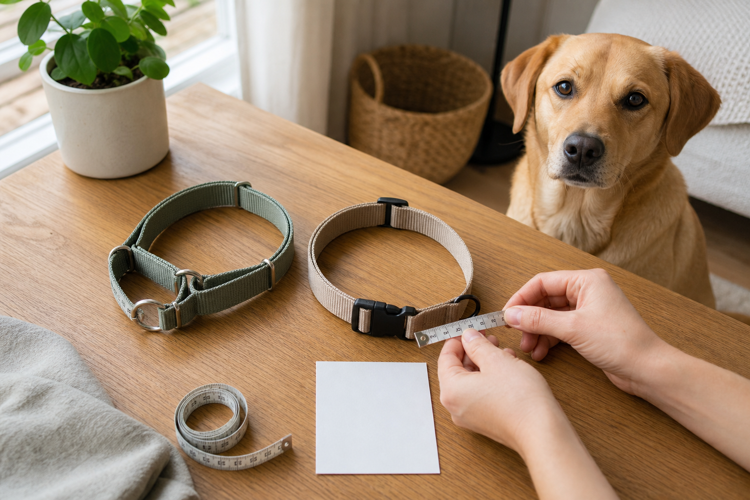 Unbranded martingale collar and flat collar being measured before checkout