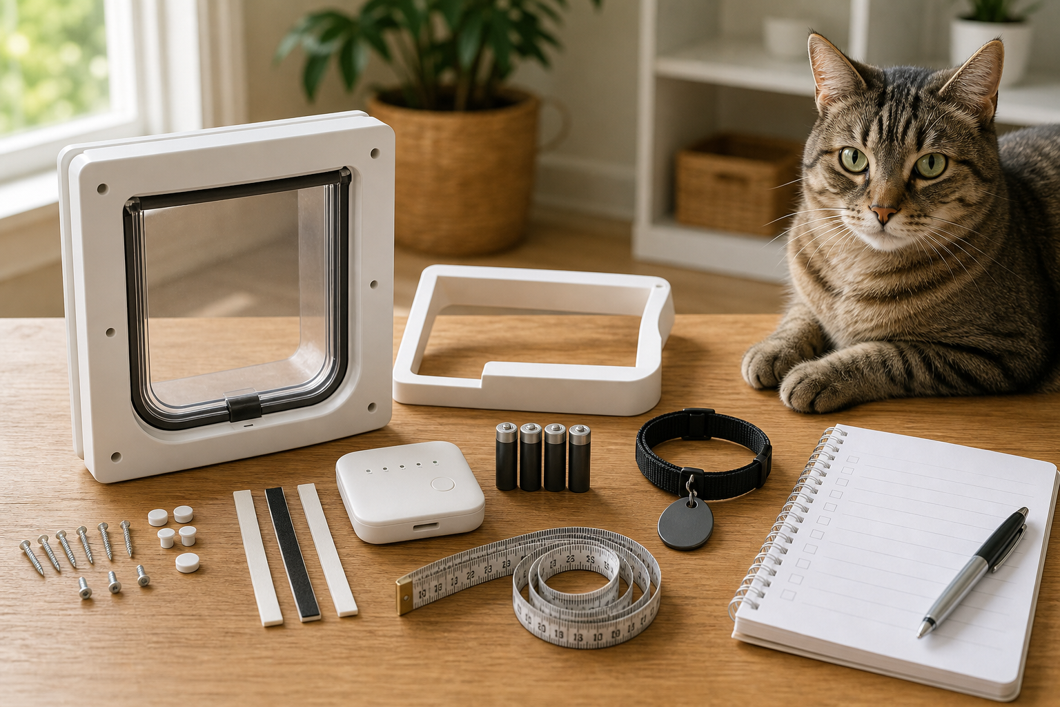 Unbranded microchip pet door kit with batteries collar tag measuring tape and checklist
