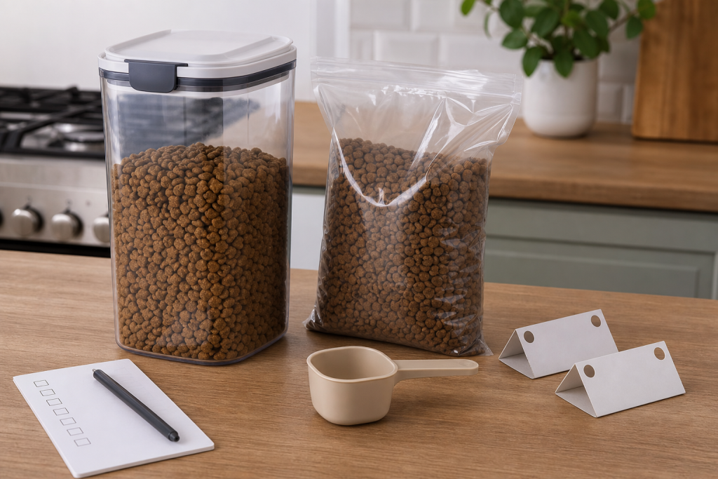Unbranded pet food container, sealed kibble bag, checklist and pantry moth traps