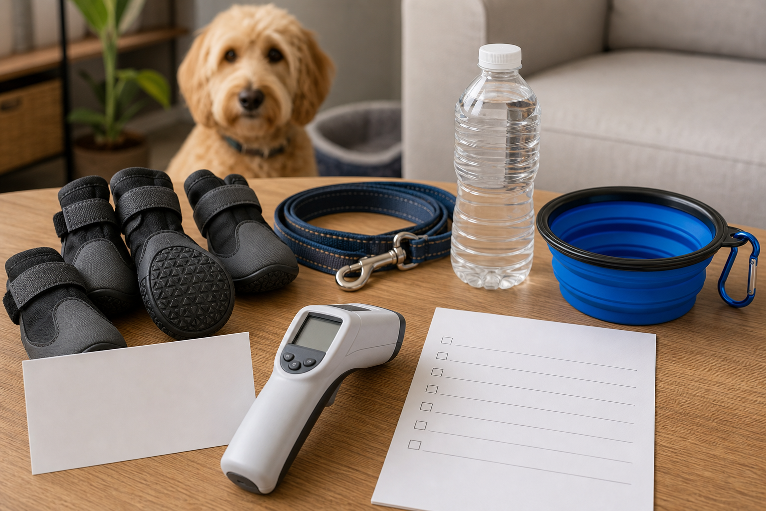 Generic infrared pavement thermometer checkout scene with dog walking supplies