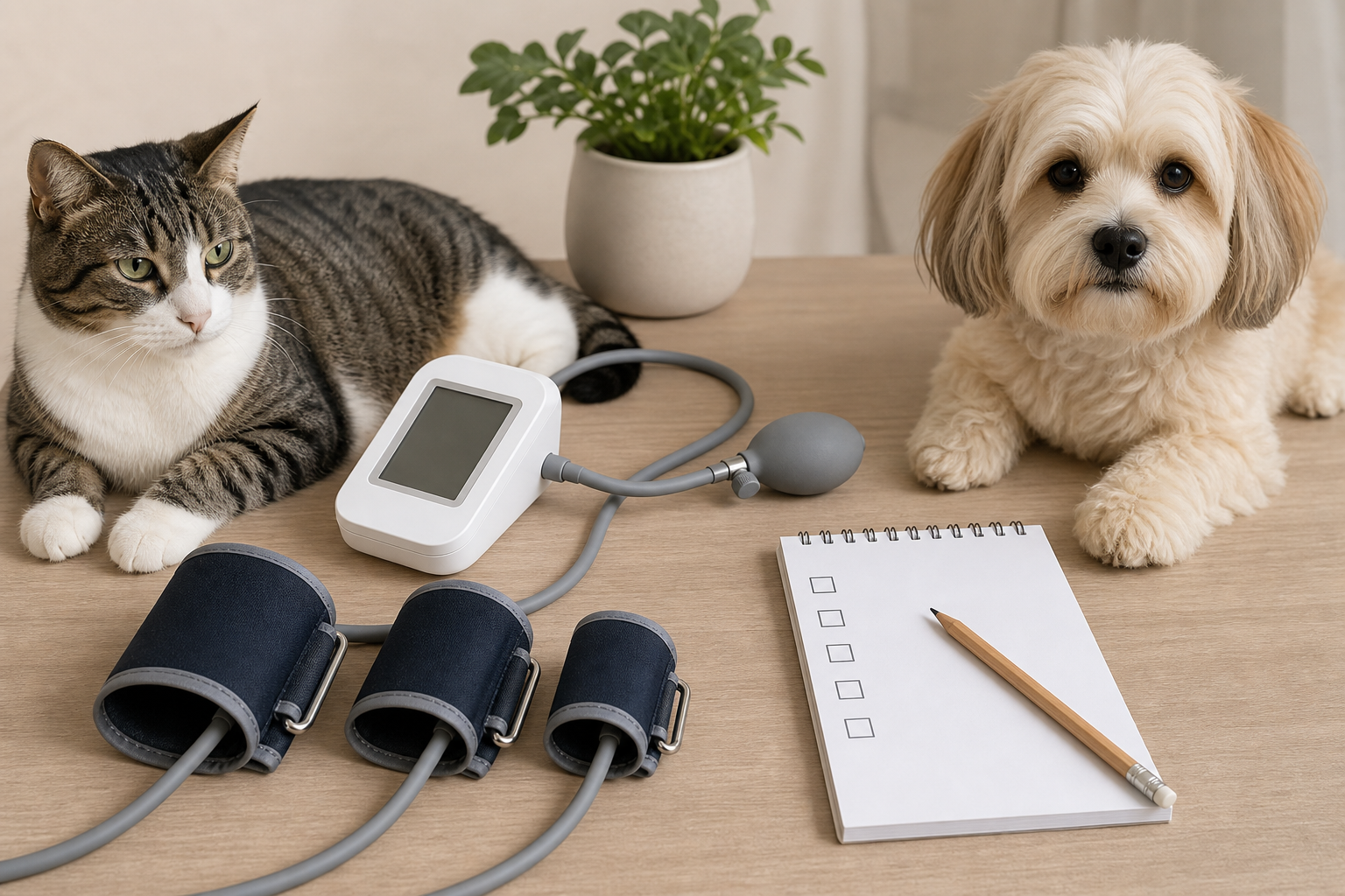 Generic pet blood pressure monitor kit with multiple cuff sizes and a blank checklist