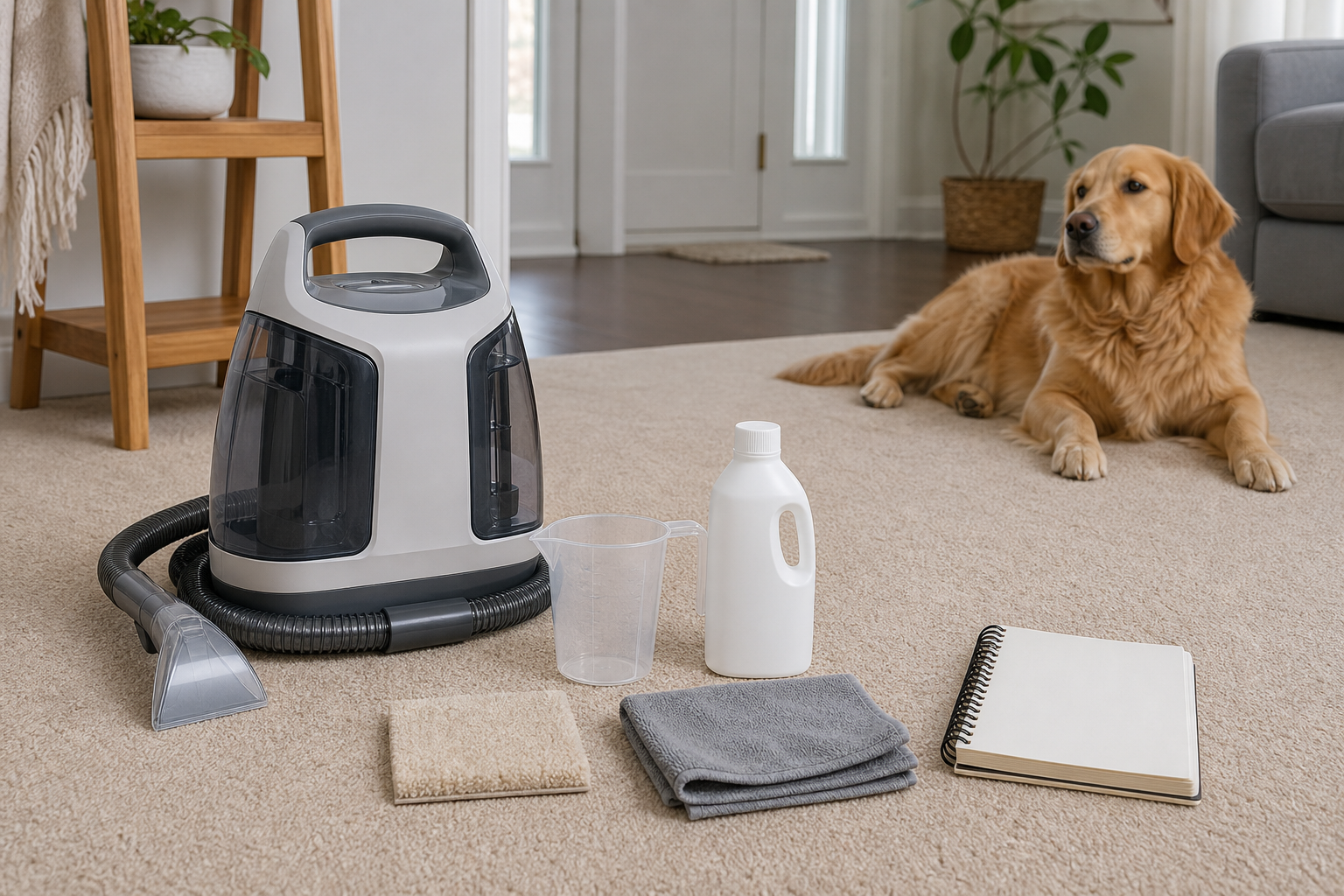 Unbranded portable carpet cleaner with blank formula bottle, carpet swatch and calm dog nearby