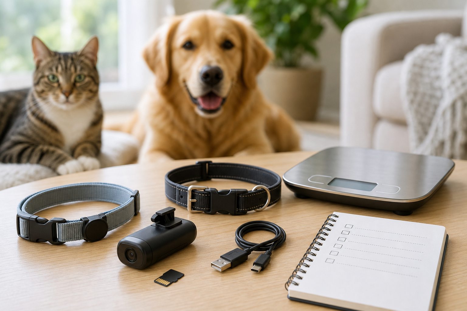 Generated unbranded pet collar camera with collars memory card charging cable and checkout checklist