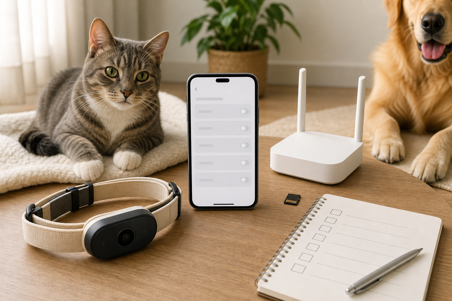 Generated unbranded pet collar camera with phone router and privacy checklist