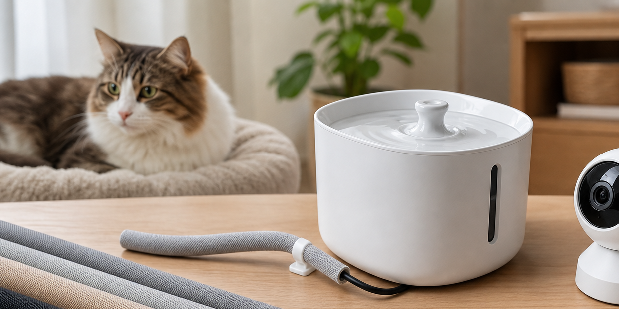Unbranded pet cord protector sleeves beside a pet fountain and camera cable