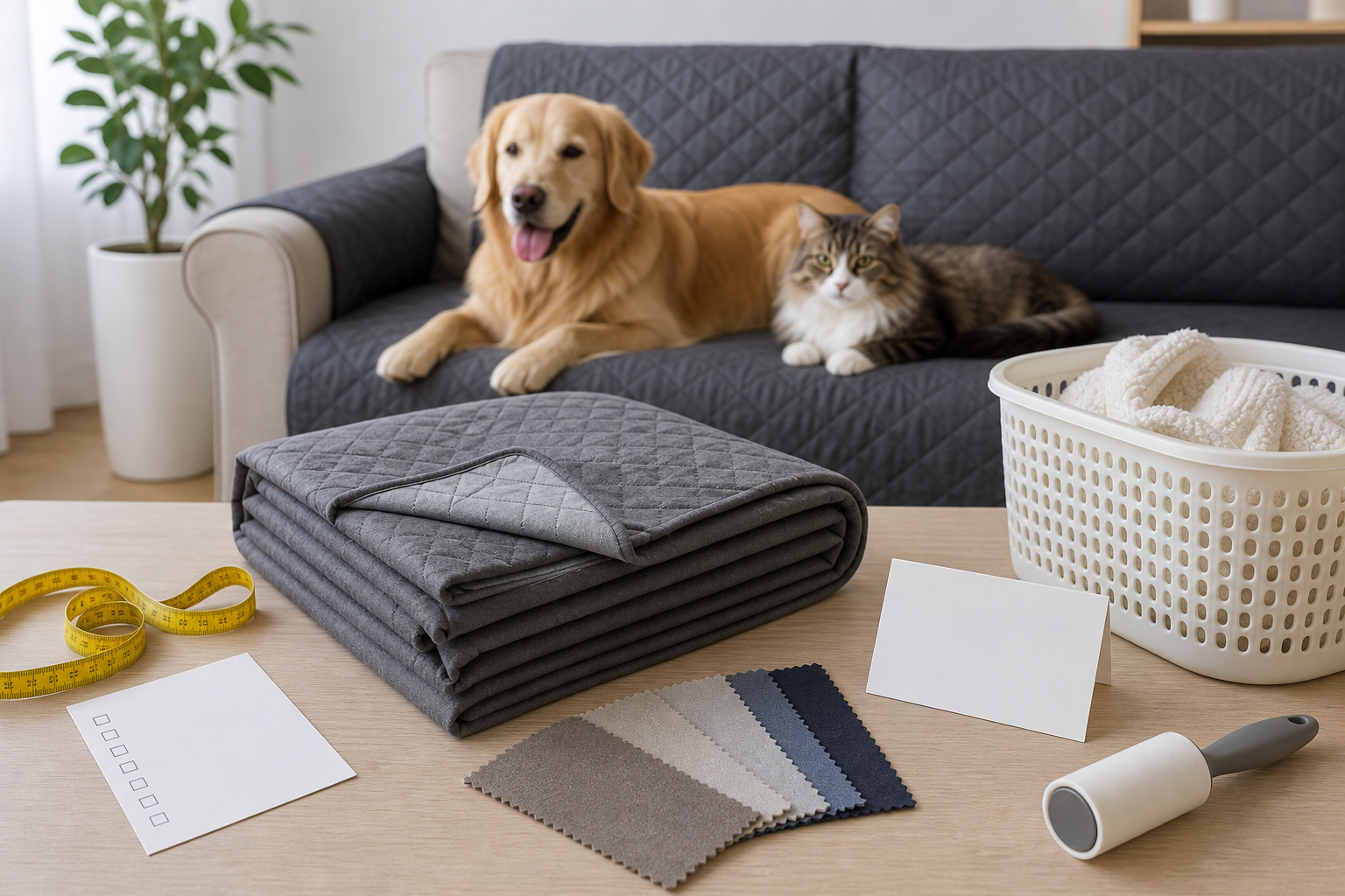 Generic pet couch cover checkout setup with fabric swatches and calm pets