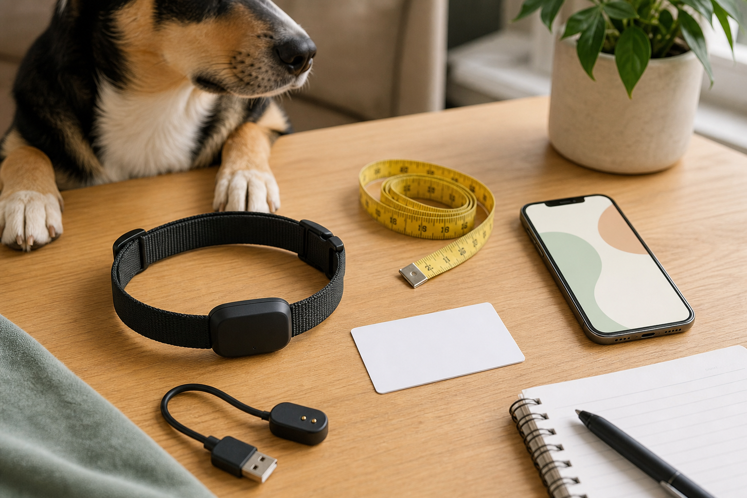Unbranded pet activity tracker, collar, charger and checkout items being compared before purchase
