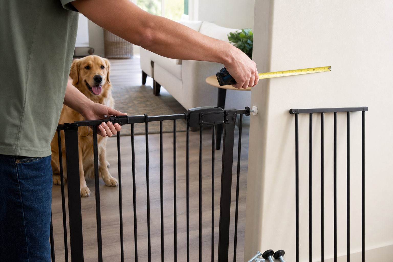 Unbranded pet gate being measured before checkout