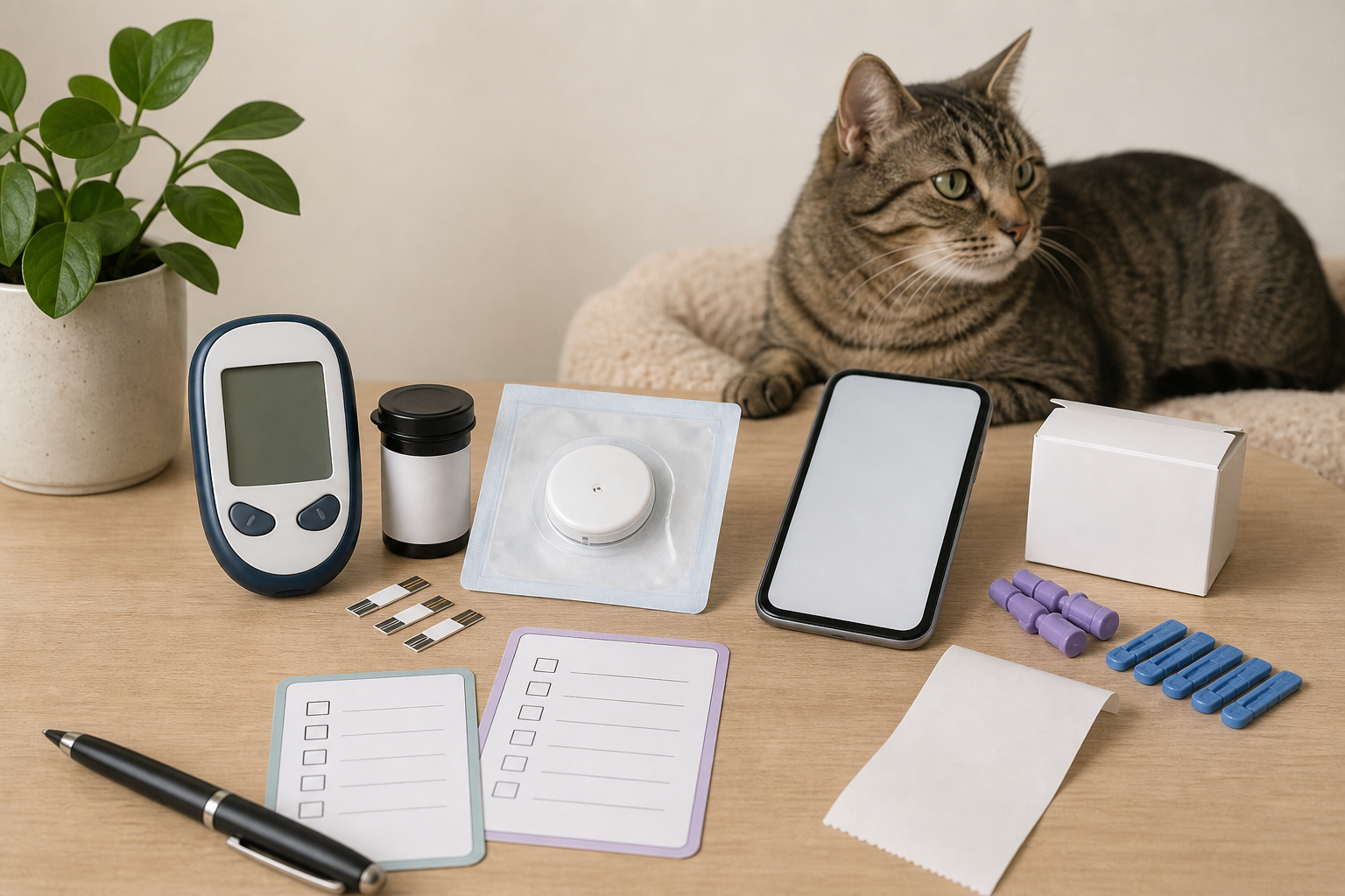 Cat beside unbranded glucose monitor supplies, blank sensor pack, phone and checkout checklist.