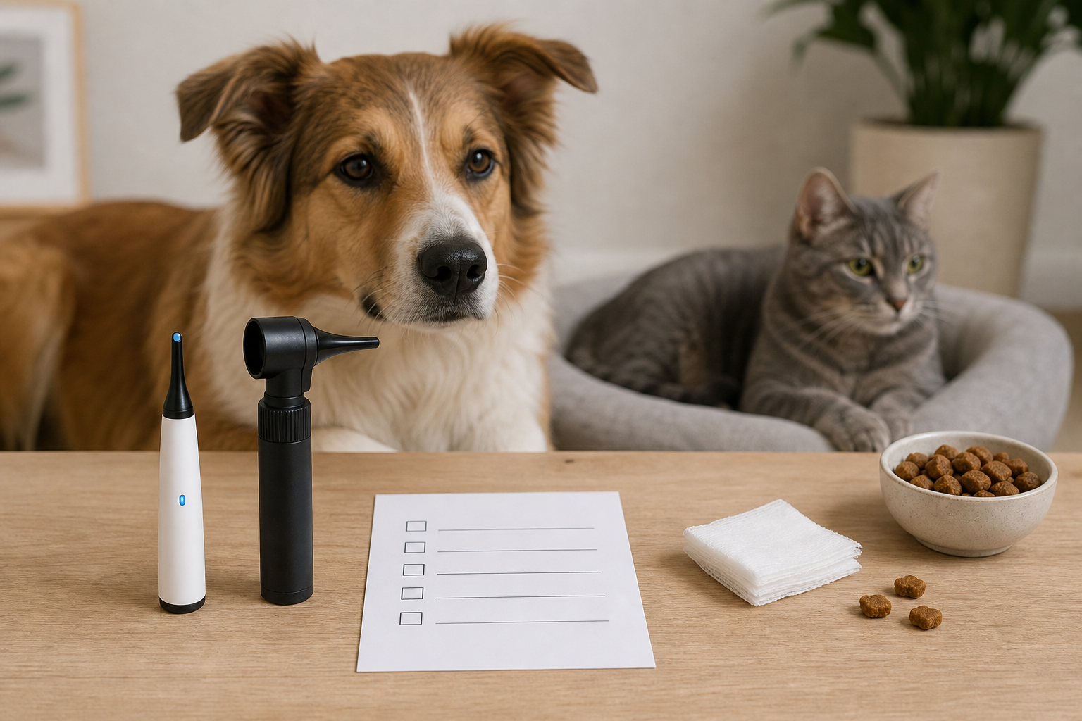 Unbranded pet ear camera and LED ear scope beside a checkout checklist with calm pets.