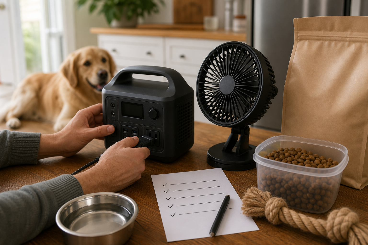 Hands checking an unbranded portable power station with pet supplies and a fan