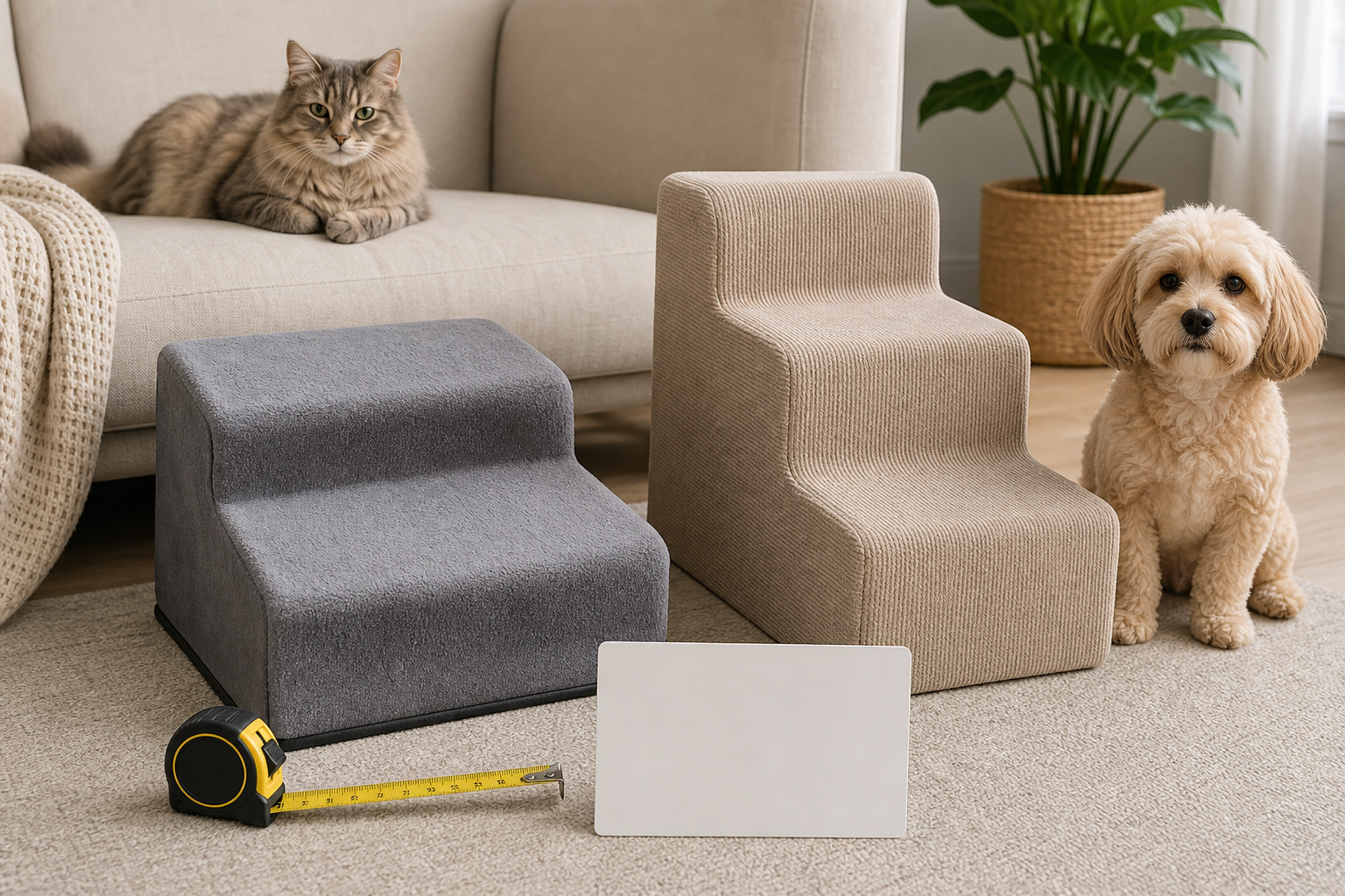 Unbranded pet stairs comparison with a calm dog and cat near a sofa
