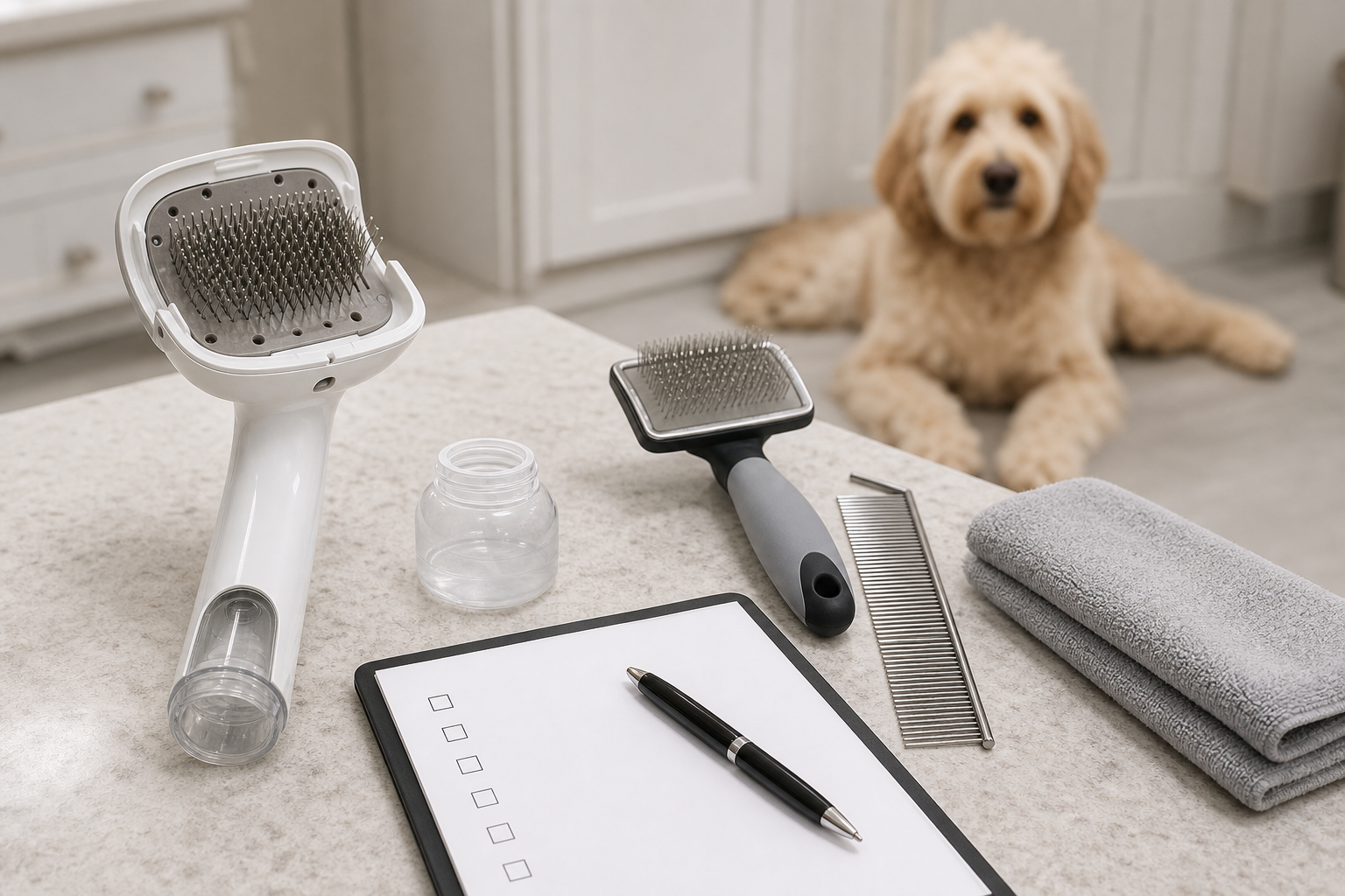 Generated image of an unbranded misting pet brush, comb, towel and blank checkout checklist