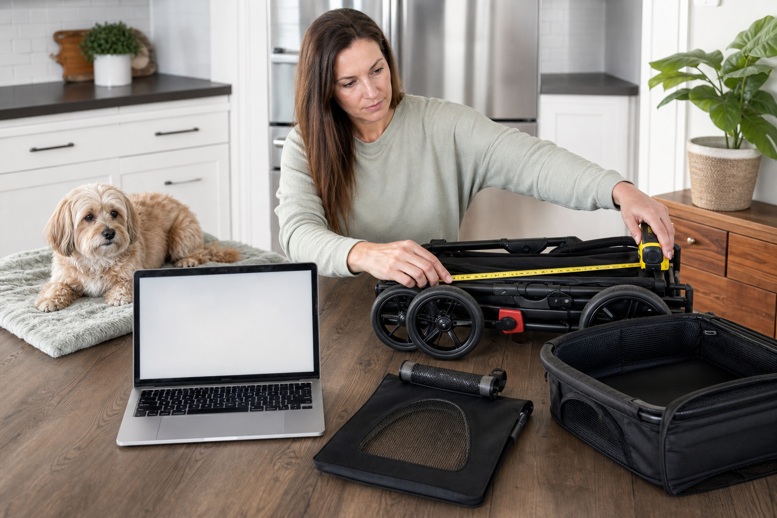 Pet owner measuring an unbranded folded pet stroller beside a generic checkout screen