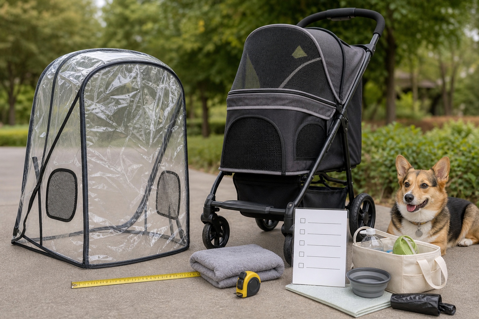Generic pet stroller rain cover checkout scene with a dog, mesh stroller and travel supplies