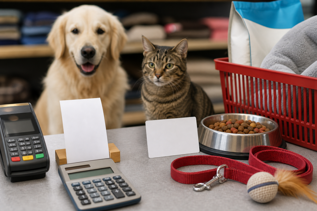 Unbranded pet supply checkout setup with a calculator, blank coupon card, dog, cat and shopping basket