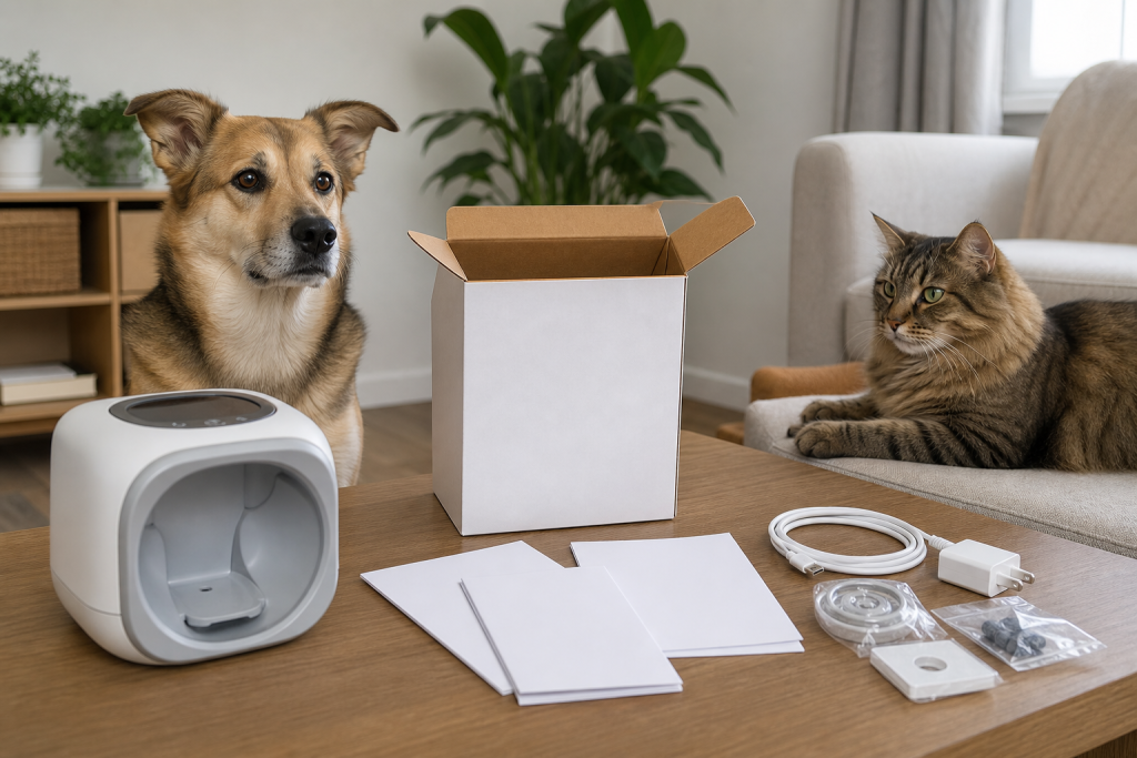 Dog and cat near unbranded pet tech packaging, paperwork and replacement parts