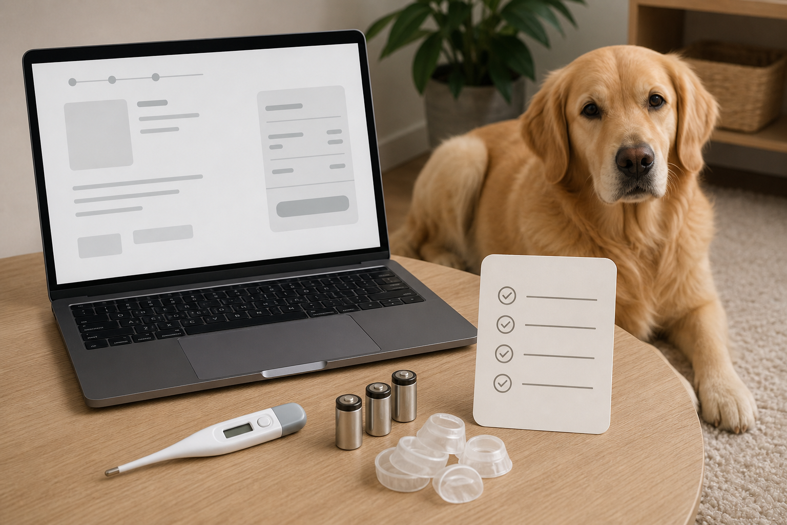 Unbranded pet thermometer, batteries and blank checkout checklist beside a calm dog