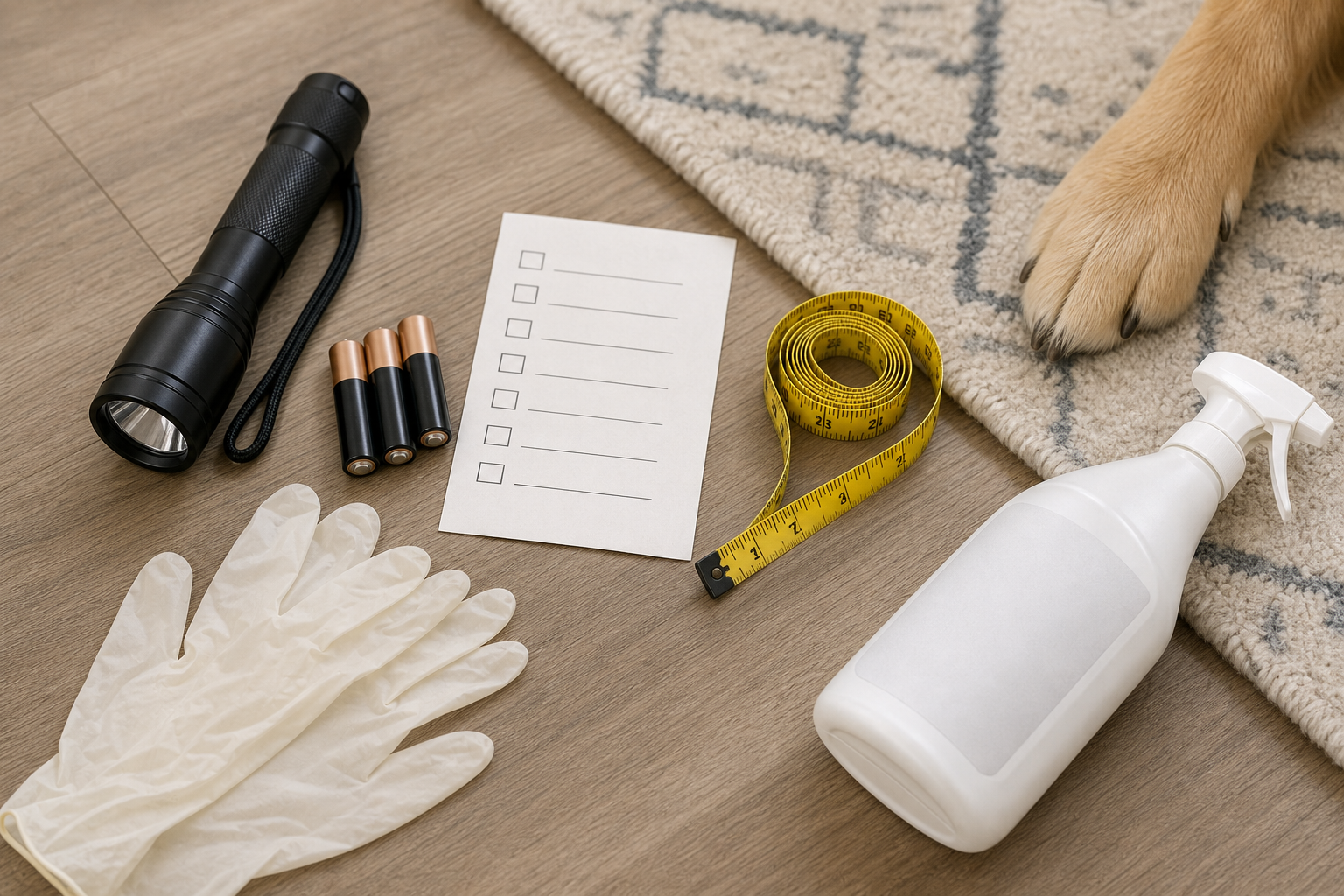 Unbranded UV flashlight, batteries, blank checklist and pet cleaner beside a dog paw