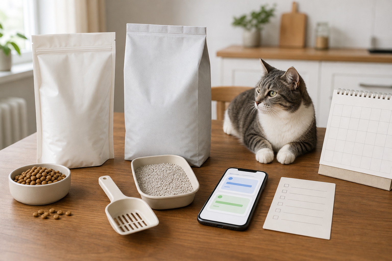 Cat beside unbranded pet food, litter and a blank delivery checklist