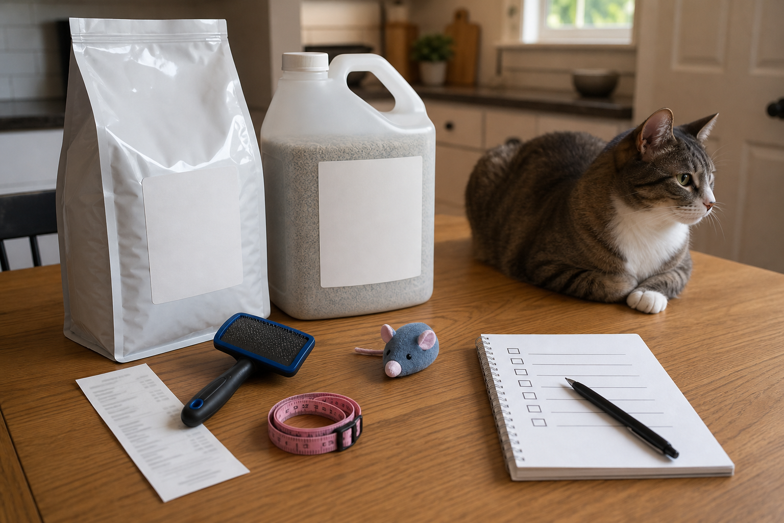 Generic pet supplies and checklist on a table before checkout
