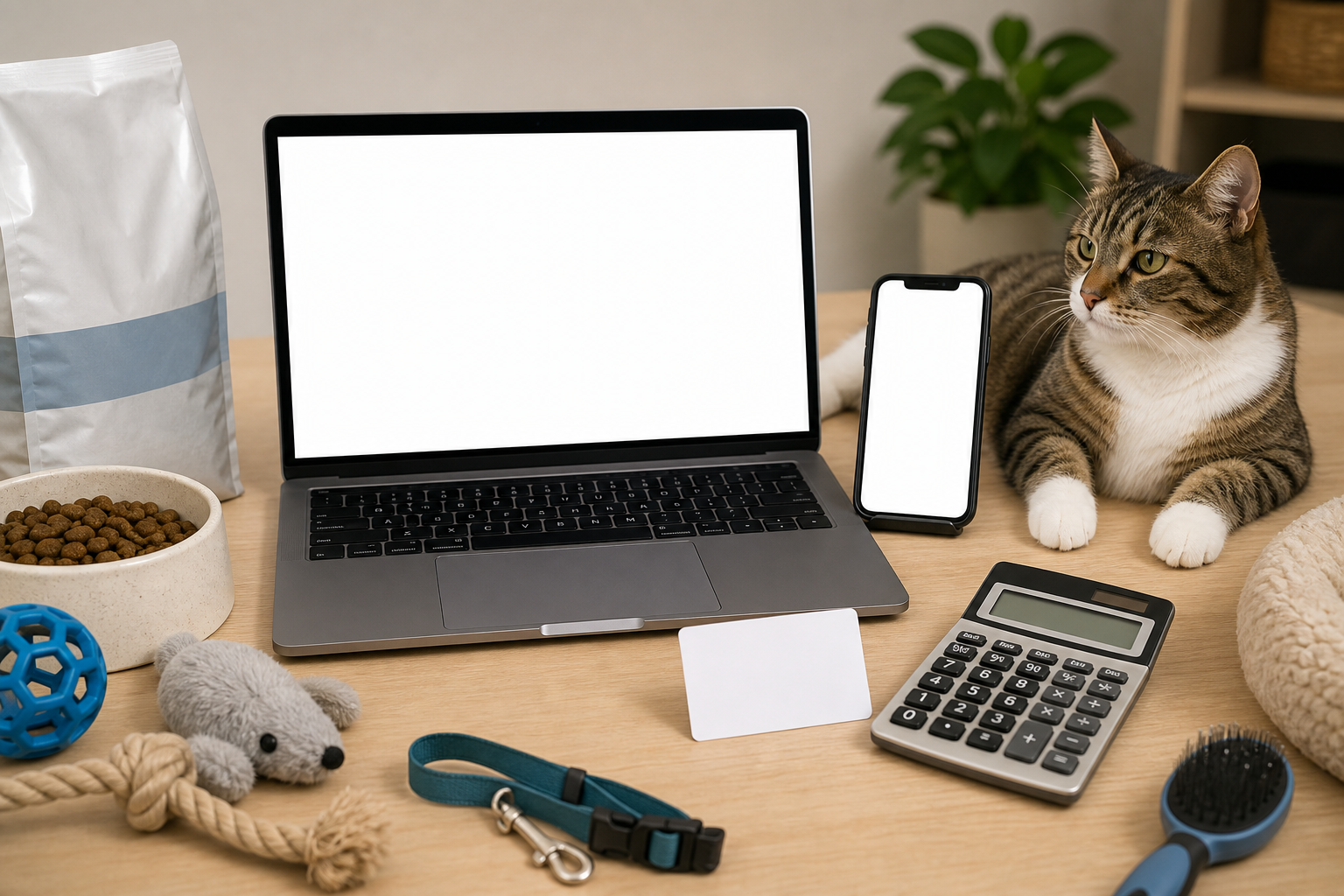 Cat beside unbranded pet supplies, blank checkout screens and a calculator