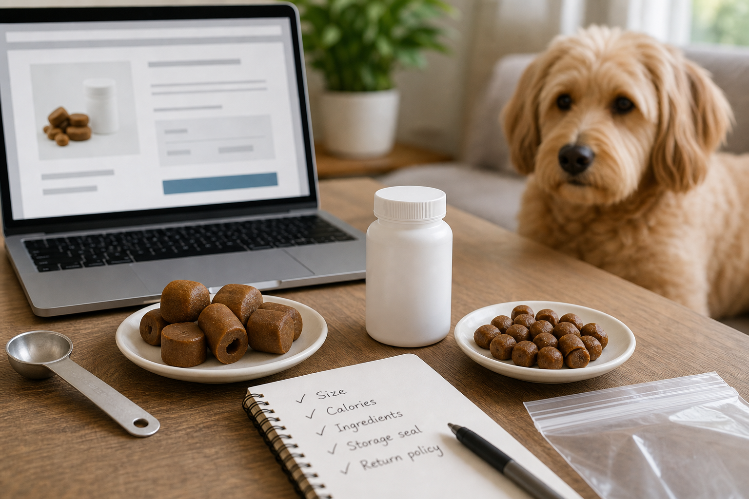 Unbranded pill pocket treat comparison with a calm dog and checkout supplies