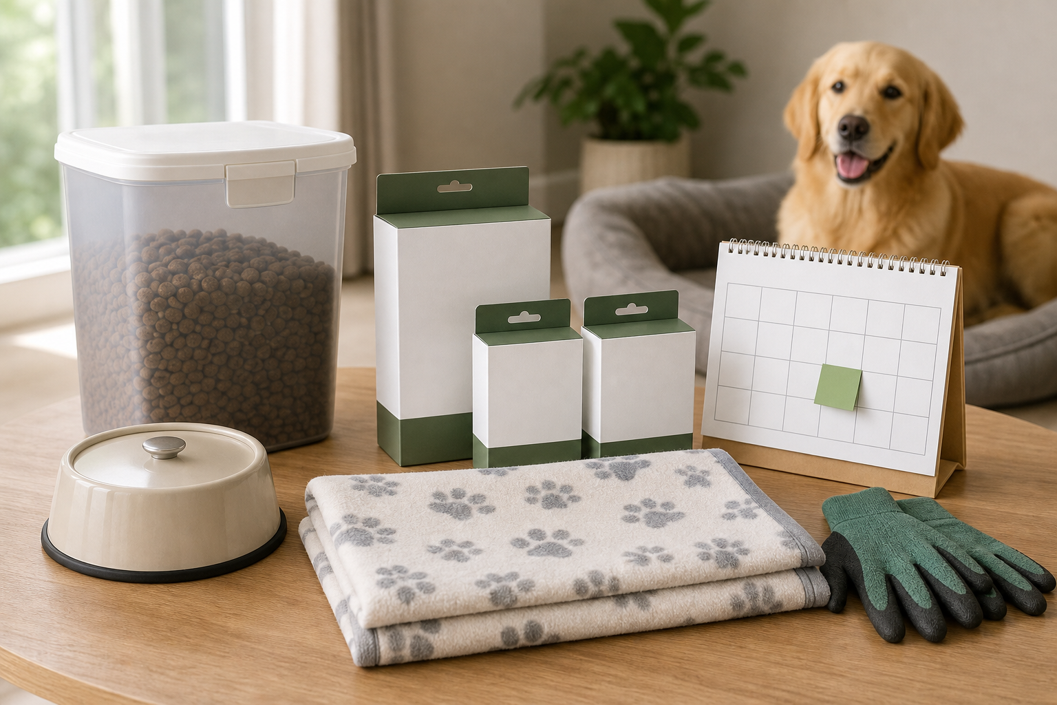 Dog near unbranded flea control and sealed pet food storage supplies