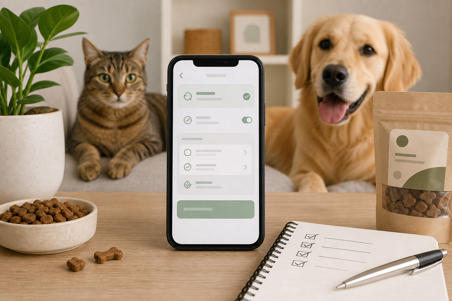 Dog and cat beside a phone with generic app settings and a pet safety shopping checklist