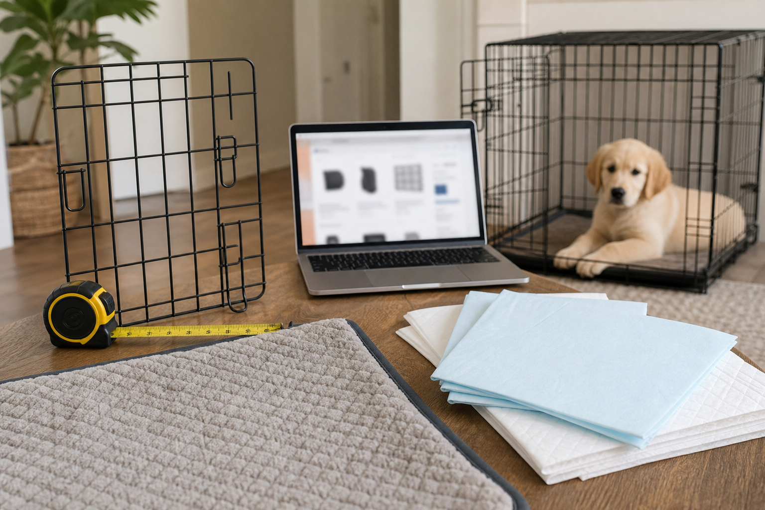 Dog crate divider panel with measuring tape, crate mat and puppy pads beside a laptop
