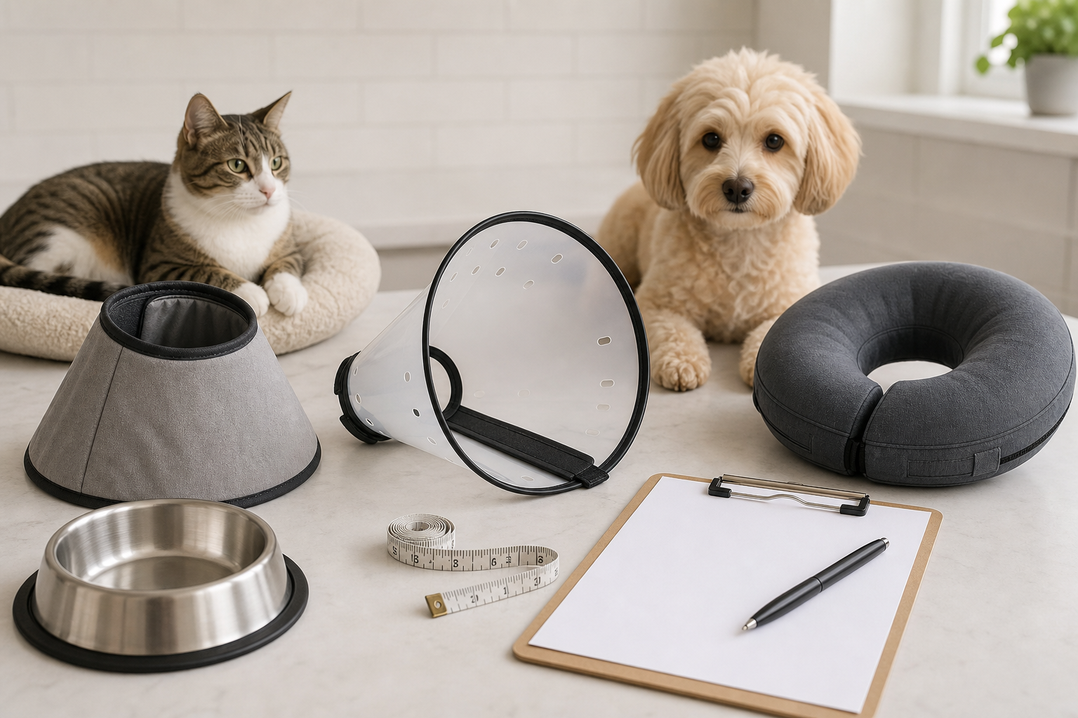Dog and cat beside unbranded recovery cones, a bowl, measuring tape and checkout checklist.