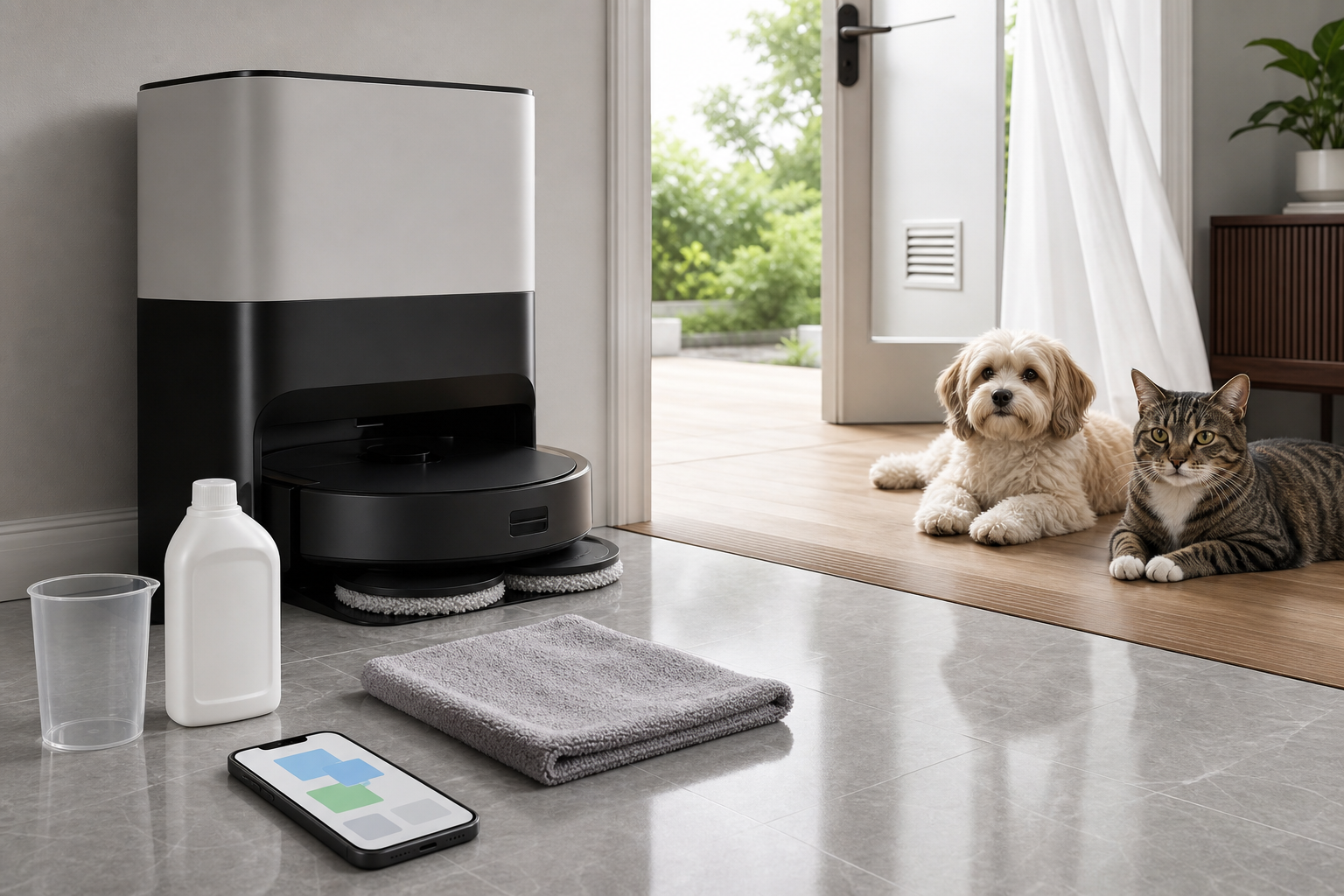 Generic robot mop dock with cleaning solution, clean pads and calm pets waiting nearby