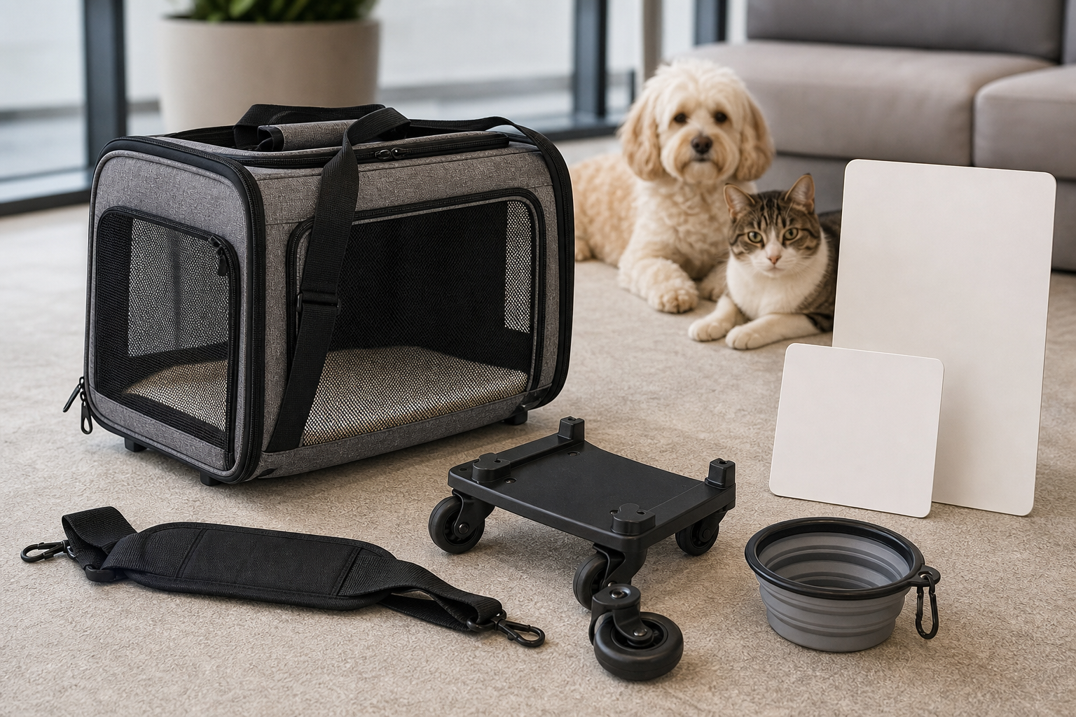 Generic rolling pet carrier with detached wheels and blank travel checkout cards