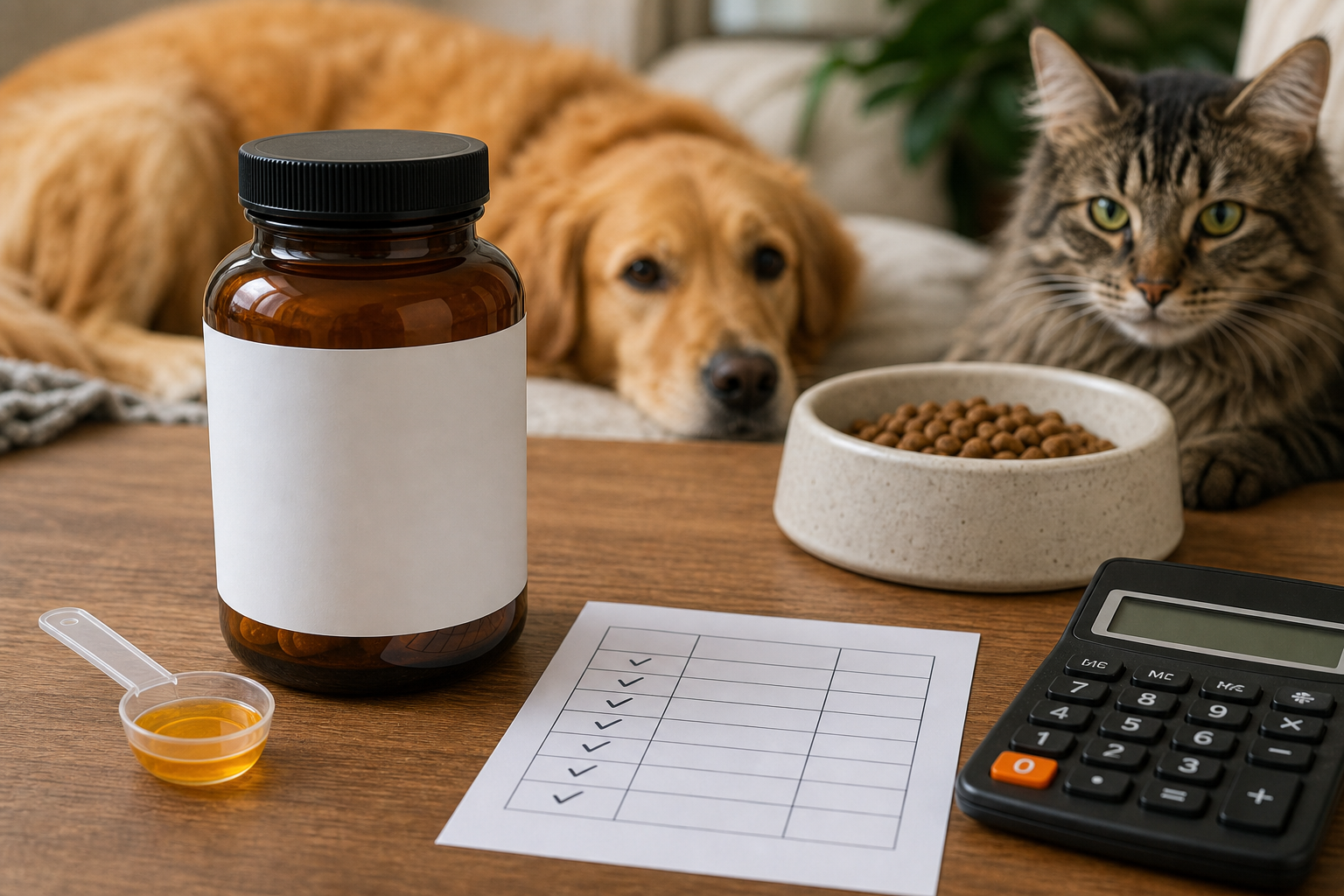 Unbranded pet supplement bottle with measuring spoon and cost-per-serving checklist