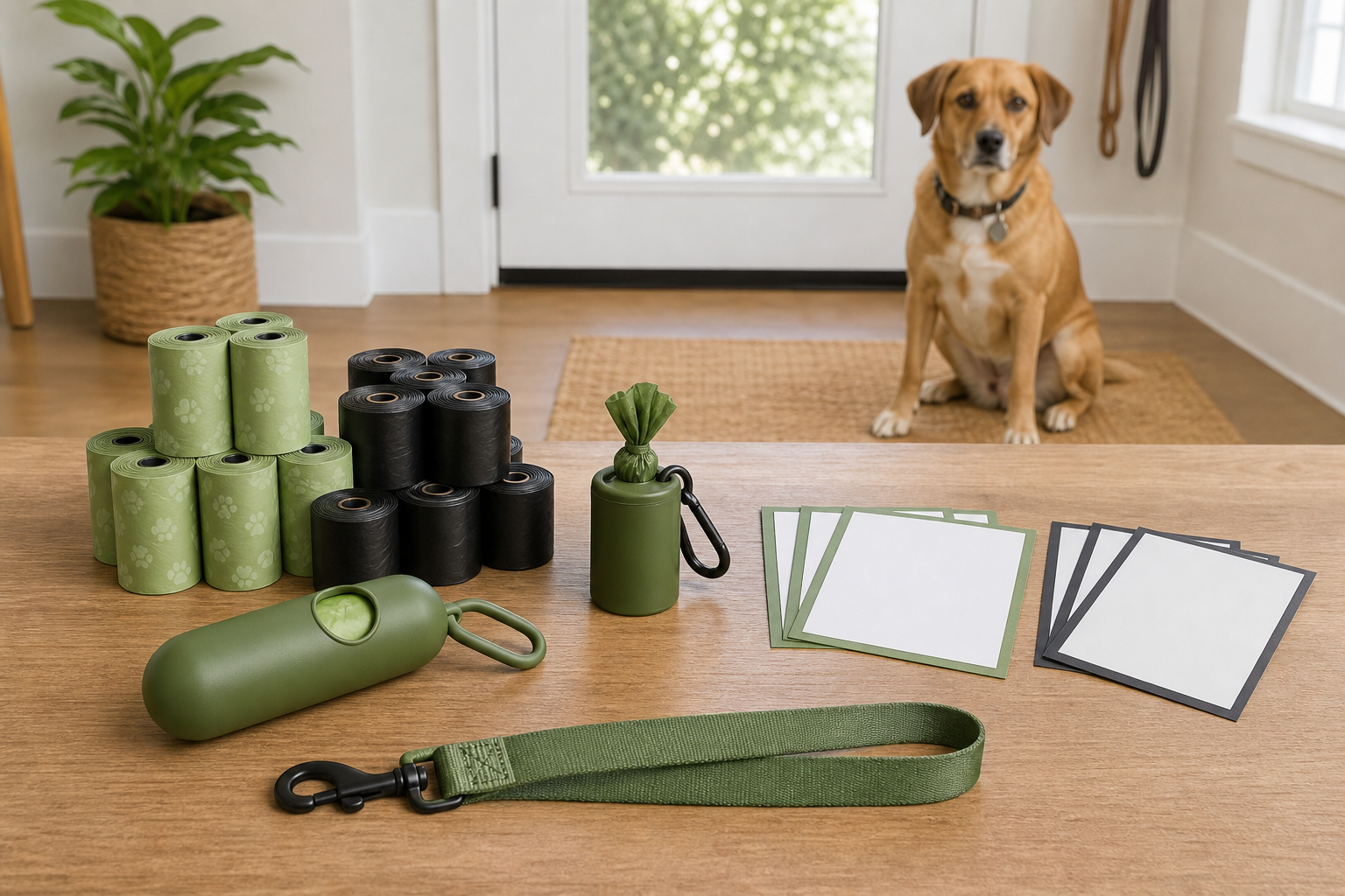 Unbranded dog waste bag rolls, leash dispenser and blank comparison cards