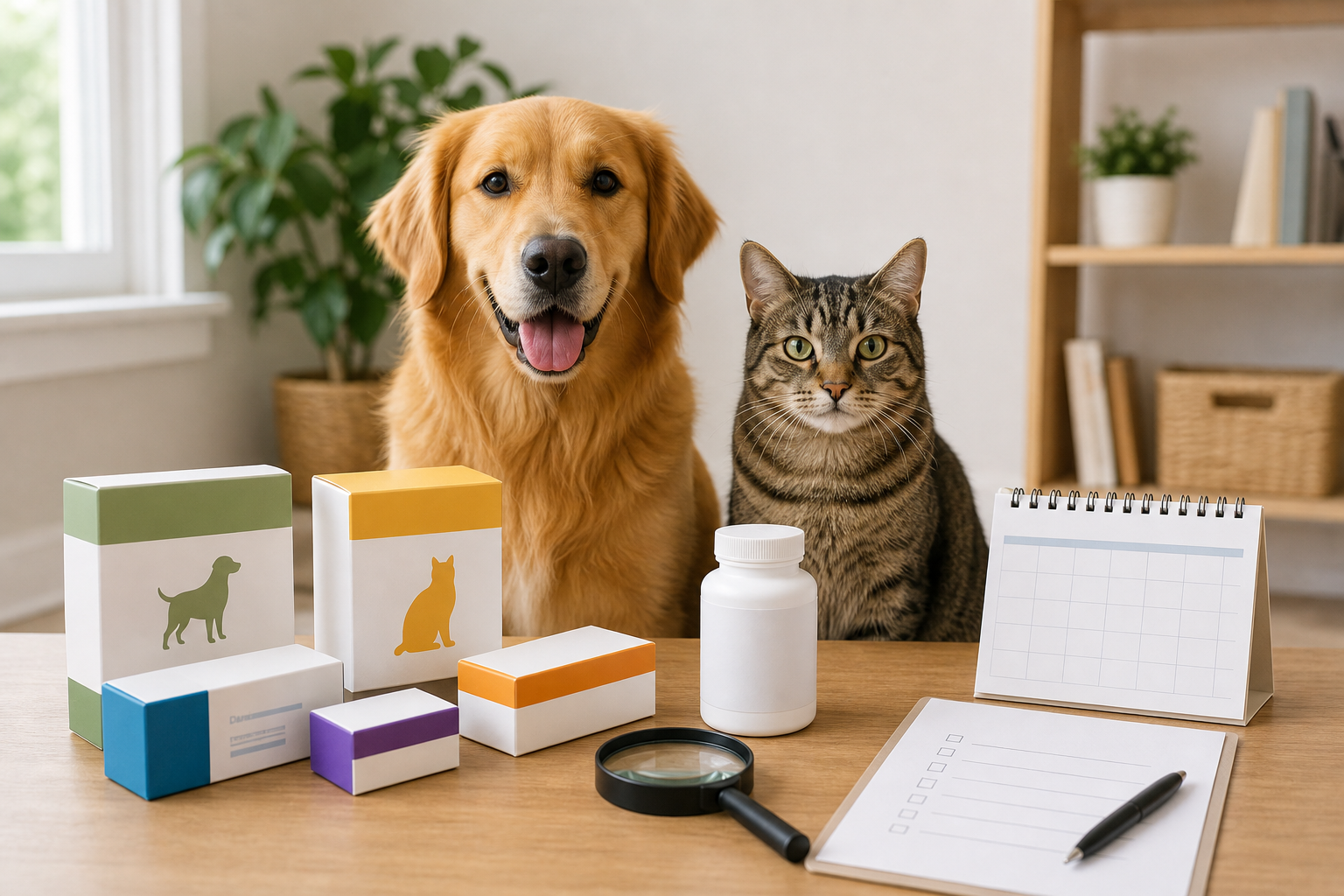 Dog and cat beside unbranded flea and tick product boxes, a blank label and a checkout checklist