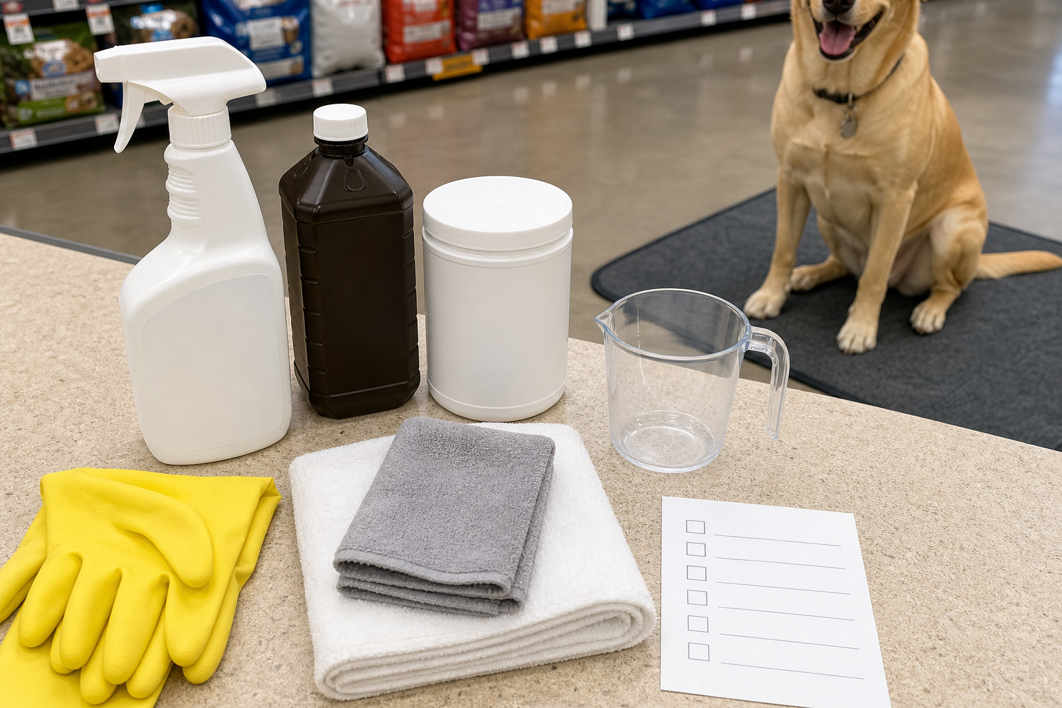 Unbranded skunk odor remover supplies and checklist with a calm dog nearby