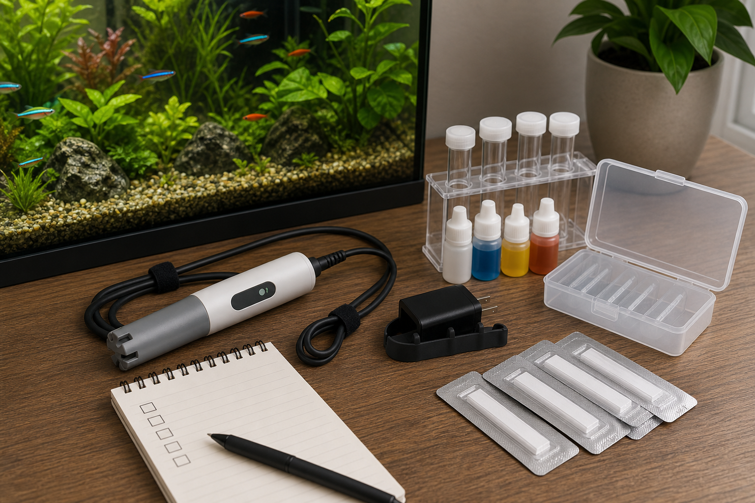 Unbranded aquarium water monitor, replacement sensor packs and manual water test kit beside a fish tank